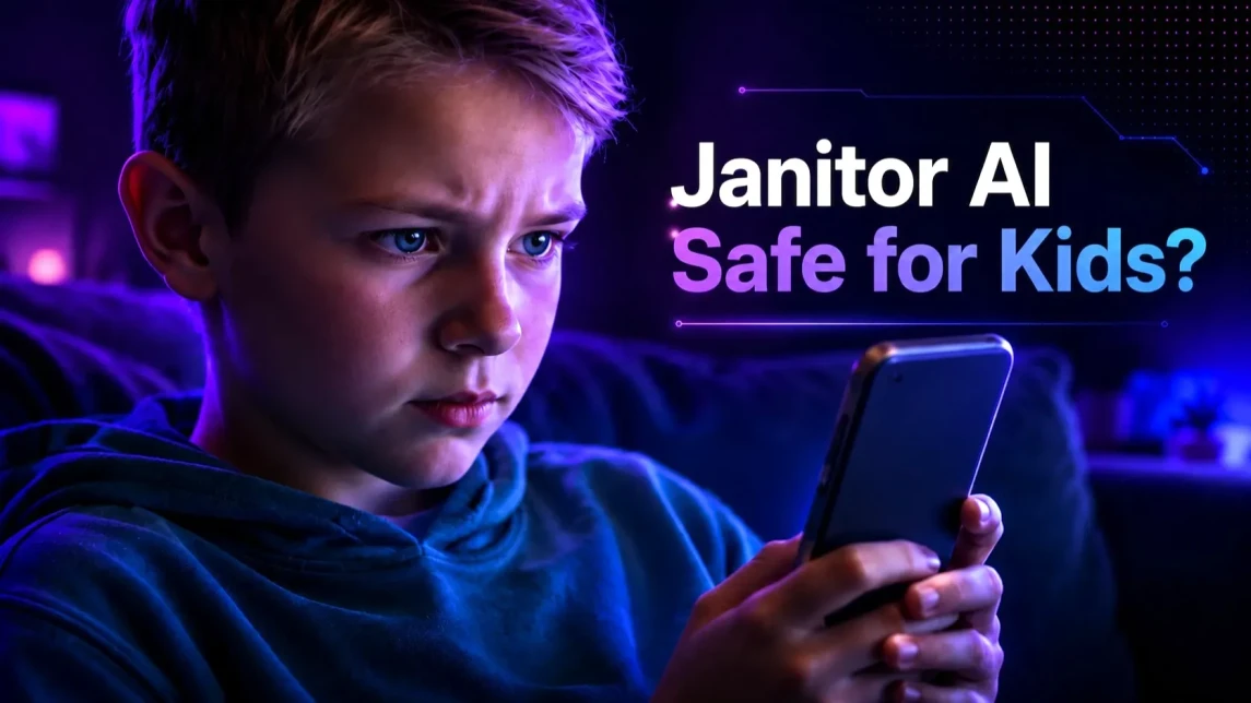 Is Janitor AI safe for kids? Child using a smartphone with Janitor AI safety information for parents
