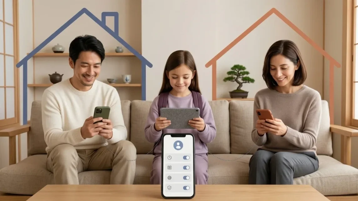 記事用イラスト： 2つの家庭で暮らす子どものスマホにペアレンタルコントロールを設定する方法