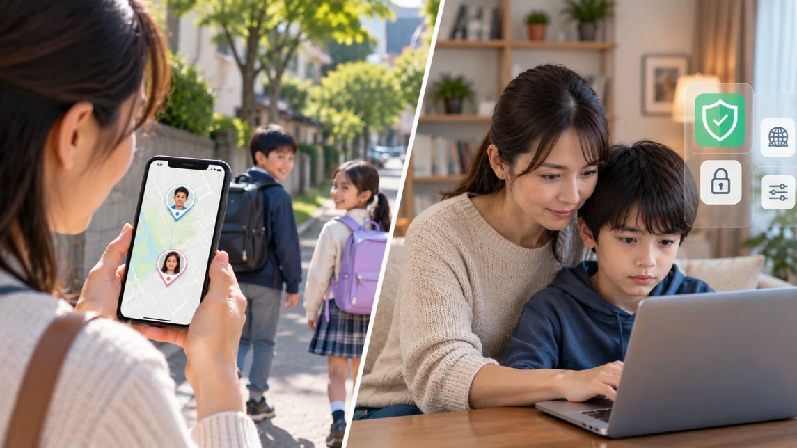 記事用イラスト： 位置情報追跡アプリとペアレンタルコントロール：子どもにはどちらを選ぶべき？